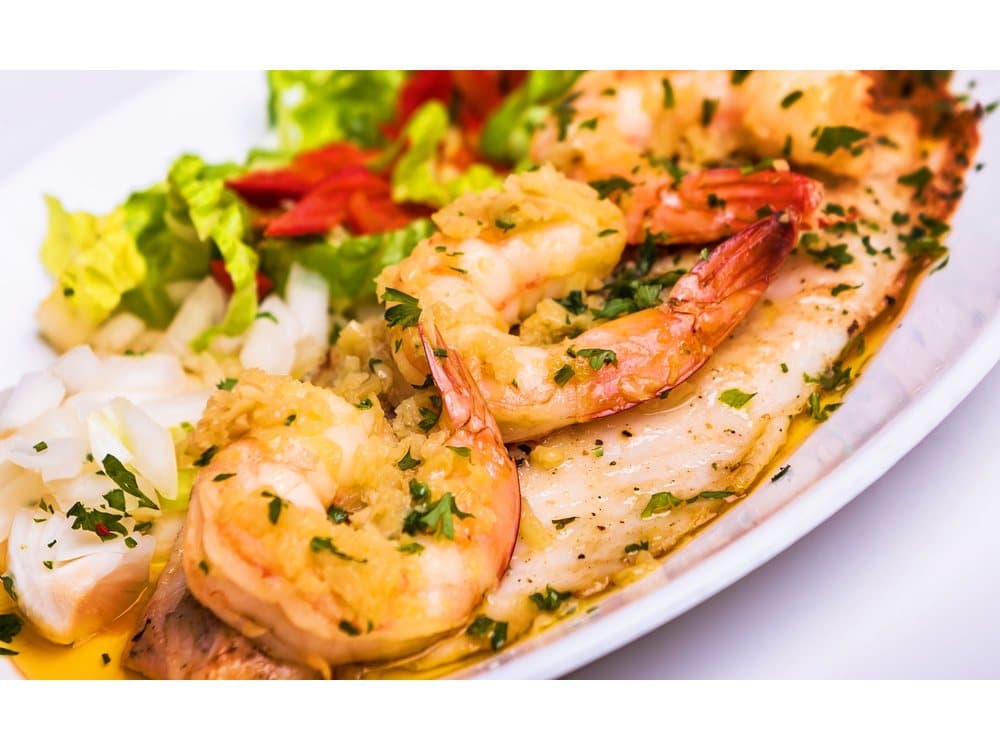 Pescado Imperial — Swaii saltwater white fish filet, broiled, topped with shrimp and garlic