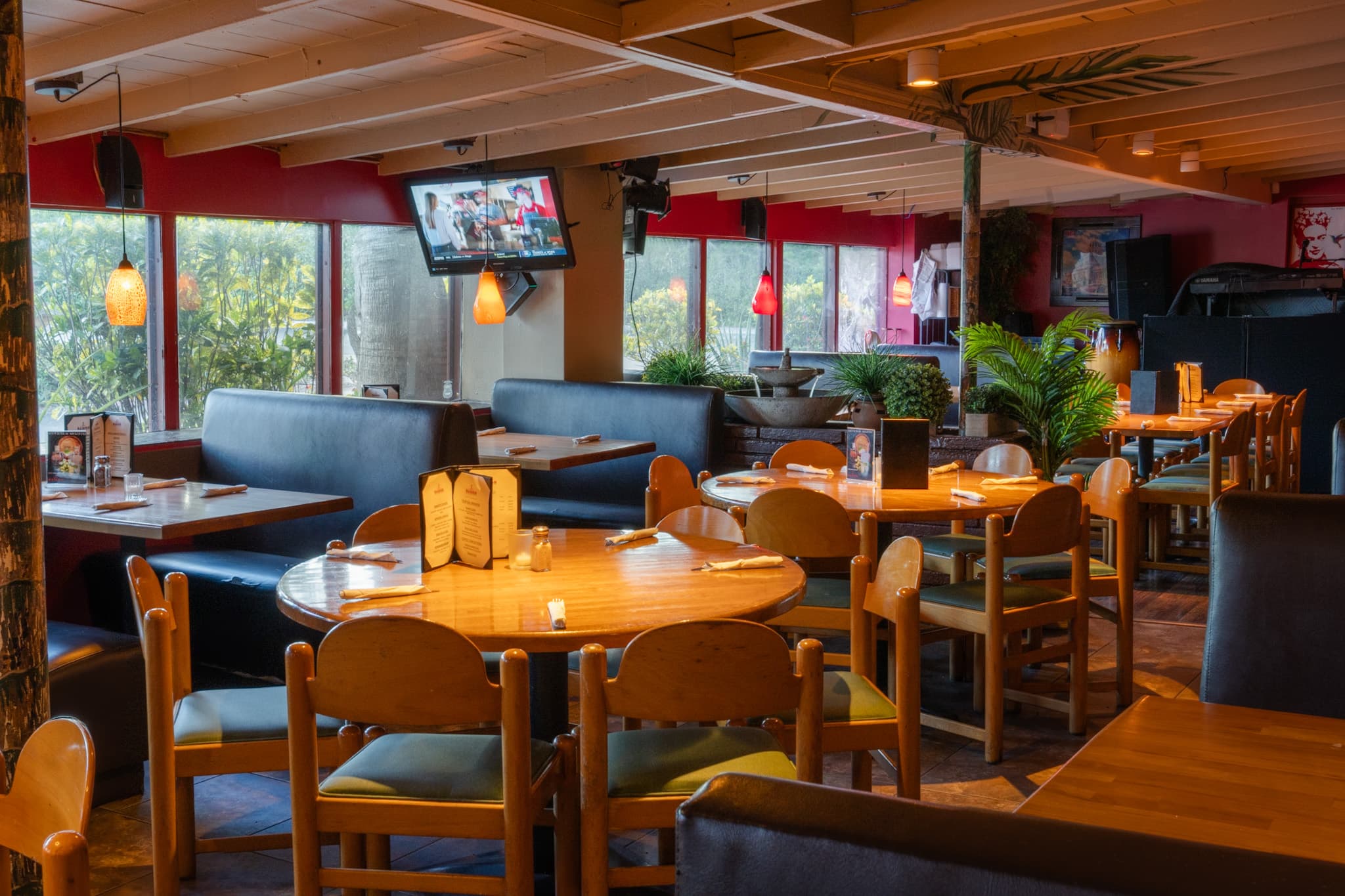 The Don Ramon dining room set for service, sunlight coming through the windows