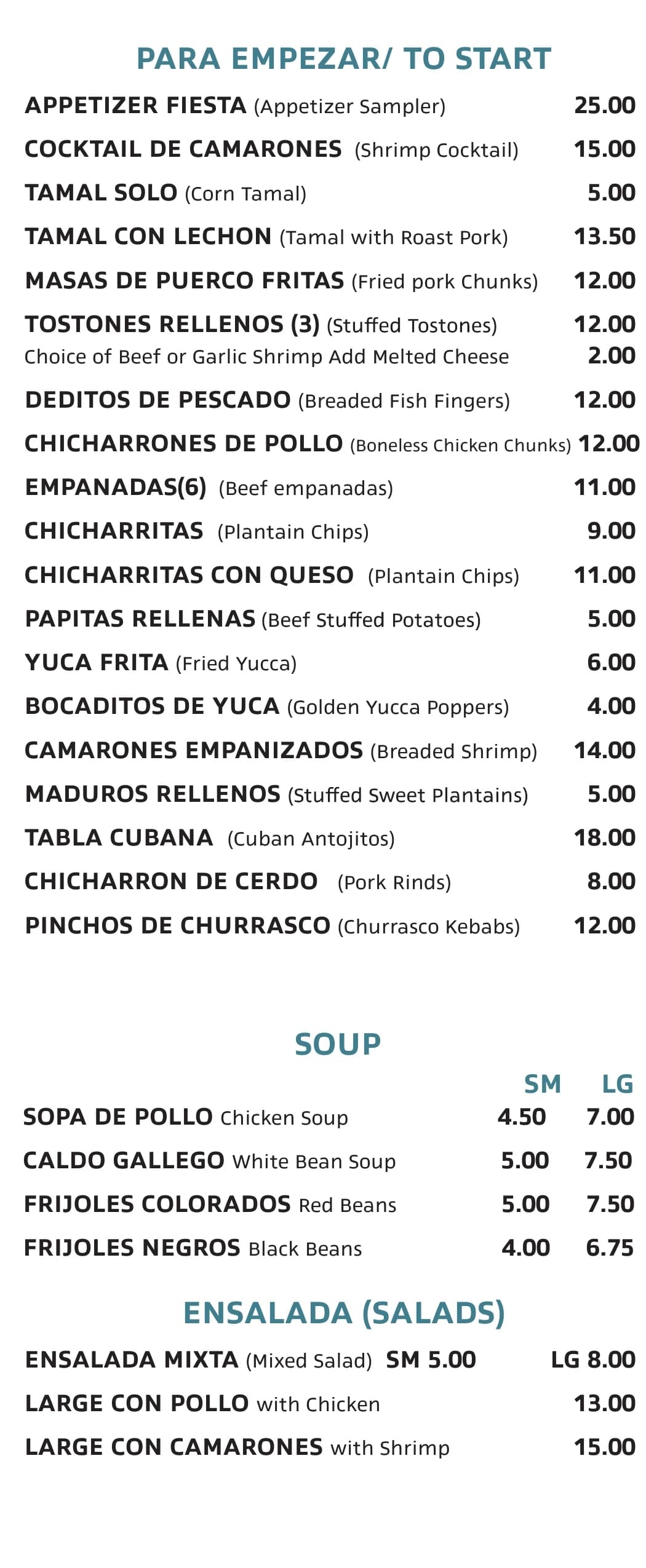 Menu panel: appetizers, soups and salads