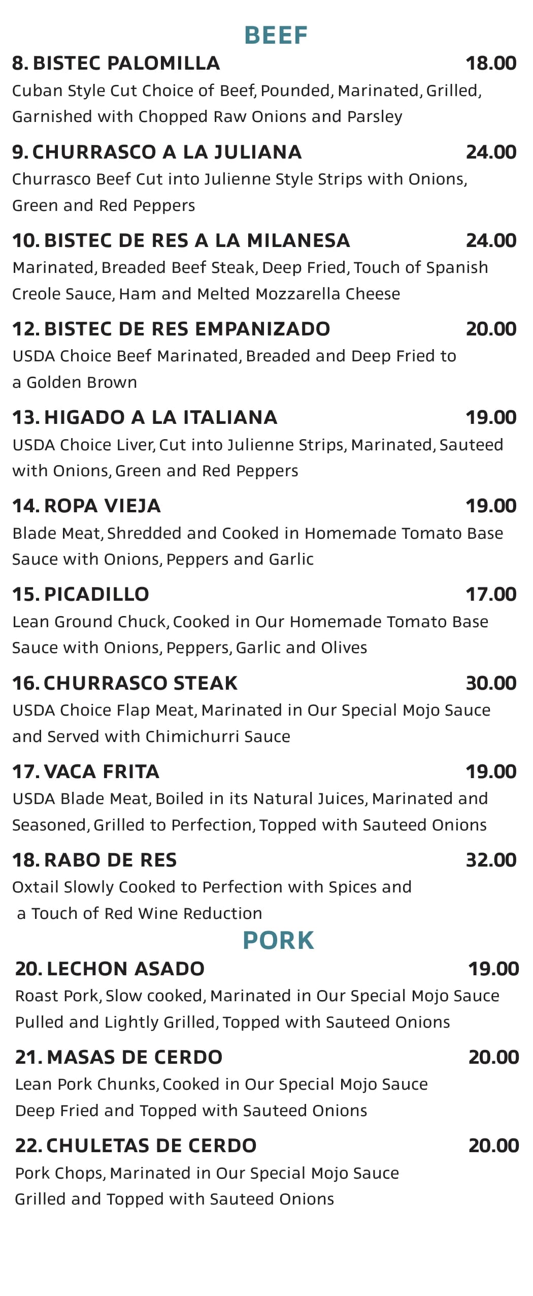 Menu panel: beef and pork entrées