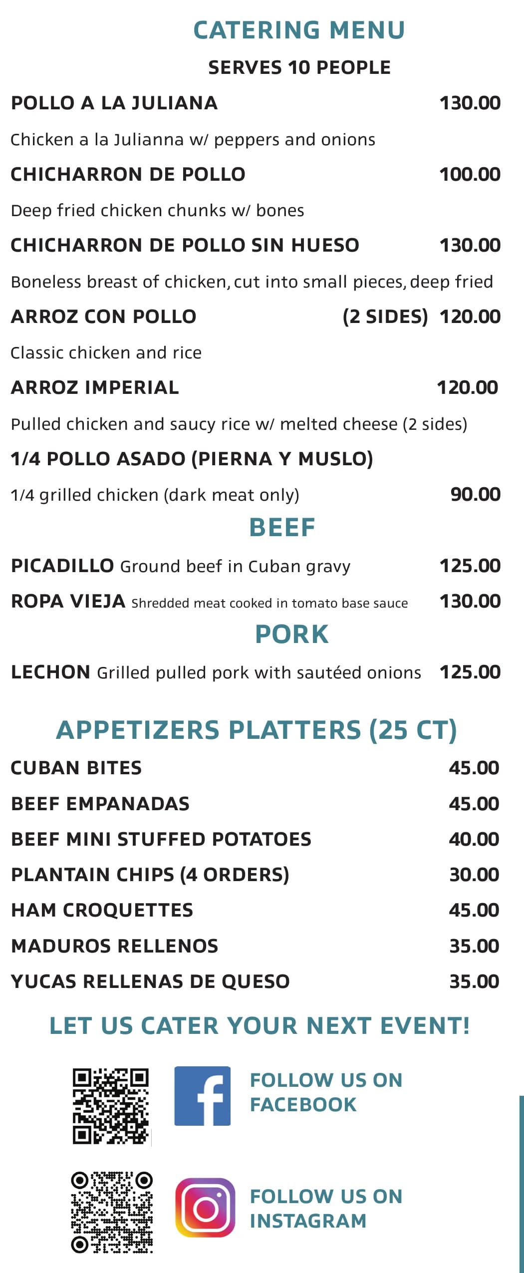 Menu panel: catering menu and appetizer platters
