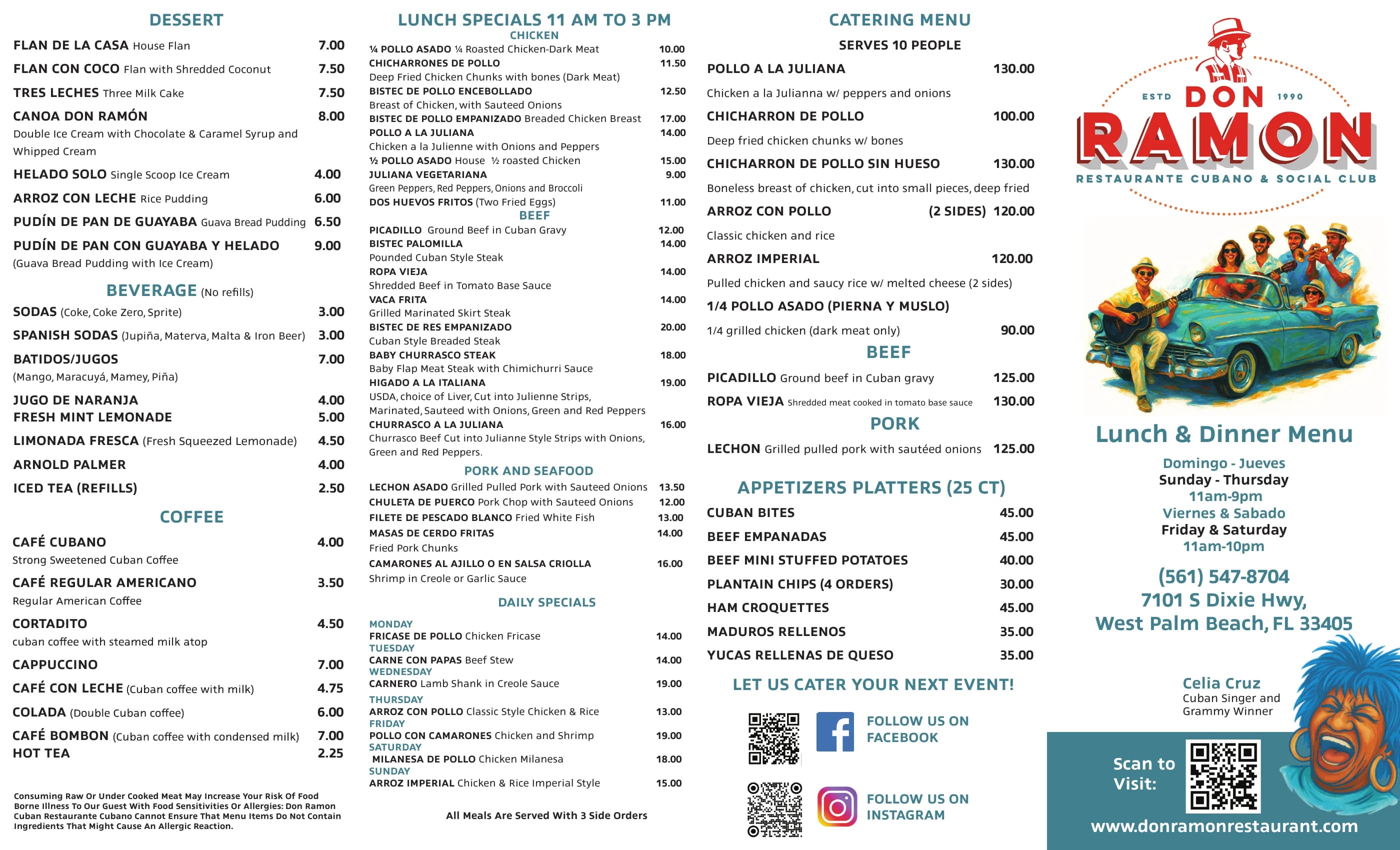 Printed menu, outside: desserts, beverages, coffees, lunch specials, daily specials and catering